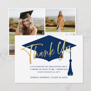 Modern Simple Minimalist Golden Navy Graduation  Thank You Card
