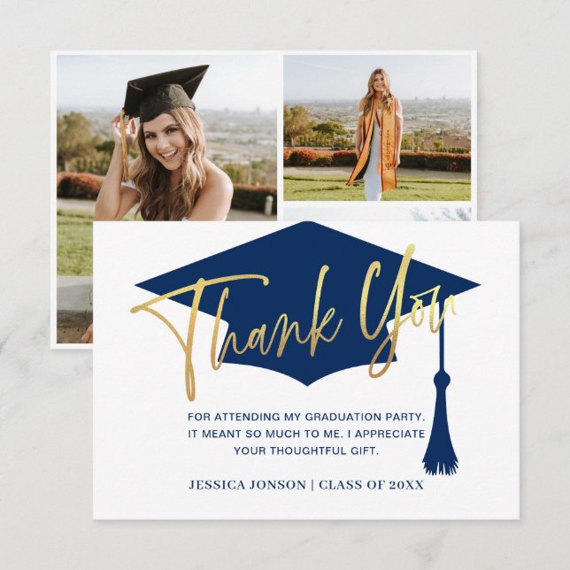 Modern Simple Minimalist Golden Navy Graduation  Thank You Card (Front/Back)