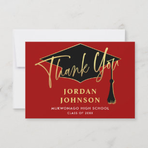 Modern Simple Minimalist Golden Red Graduation Thank You Card