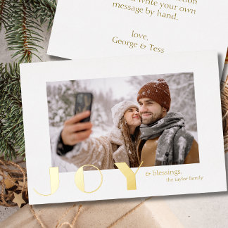 modern simple minimalist Joy Christmas photo gold Foil Holiday Card