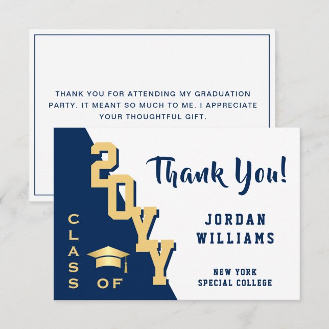 Modern Simple Minimalist Navy Blue Graduation Thank You Card (Front/Back)