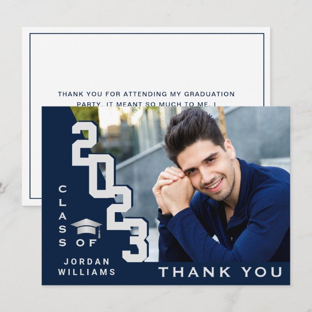 Modern Simple Minimalist Navy Blue Graduation  Thank You Card (Front/Back)
