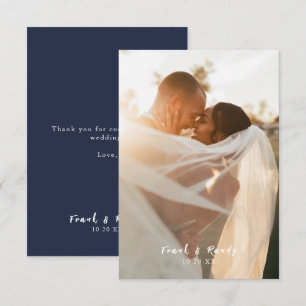 Modern Simple Minimalist Navy Blue Photo Wedding Thank You Card