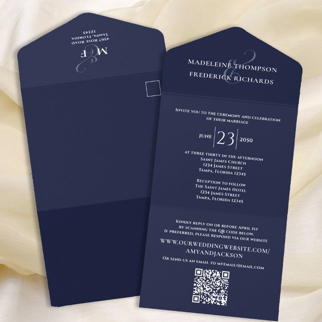 Modern Simple Minimalist Navy Blue | QR Code RSVP All In One Invitation (Creator Uploaded)