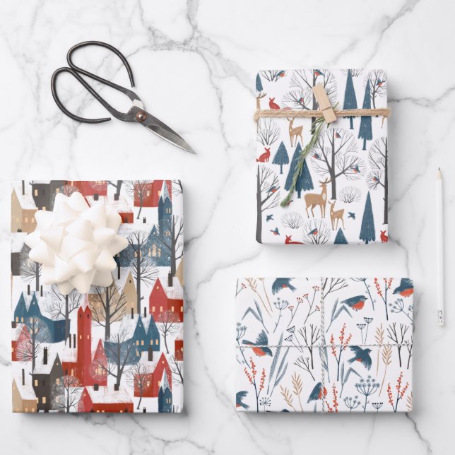 Modern Simple Minimalist Nordic Winter Town Forest Wrapping Paper Sheet (Front)