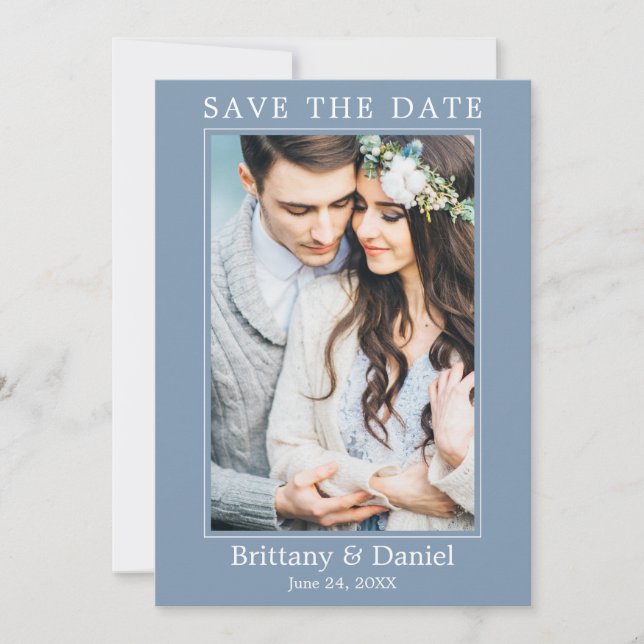 Modern Simple Minimalist Photo Dusty Blue Save The Date (Front)