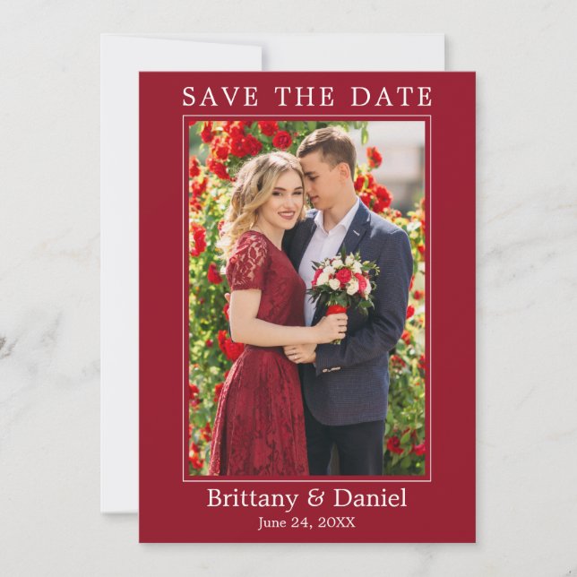 Modern Simple Minimalist Photo Red Save The Date (Front)