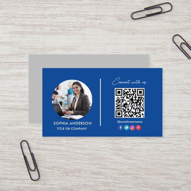 Modern Simple Minimalist QR Code Social Media Blue Business Card (Front/Back In Situ)