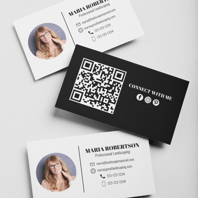 Modern Simple Minimalist QR Code Social Media  Business Card (Modern style photo business card with circle photo template. )