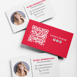 Modern Simple Minimalist QR Code Social Media Red Business Card