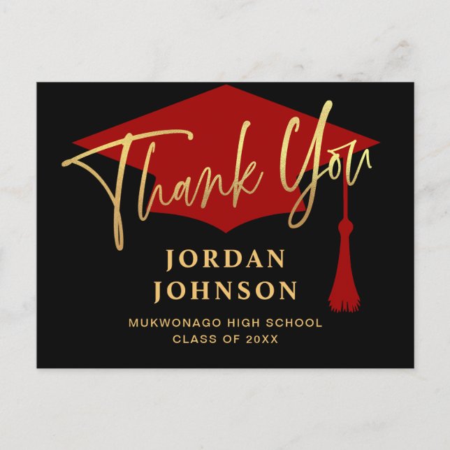 Modern Simple Minimalist Red Graduation Thank You Postcard (Front)