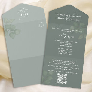 Modern Simple Minimalist Sage Green   QR Code RSVP All In One Invitation