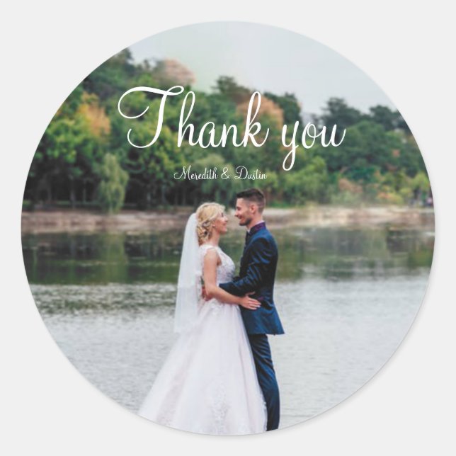 Modern simple minimalist wedding photo thank you  classic round sticker (Front)