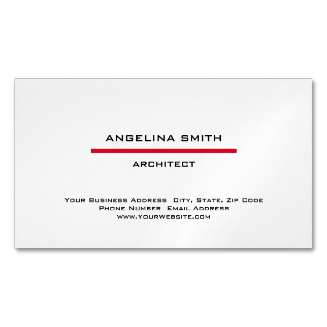 Modern Simple Minimalist White Red Professional Magnetic Business Card (Front)