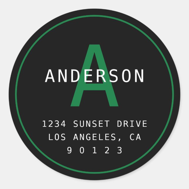 Modern Simple Monogram Address | Black Green White Classic Round Sticker (Front)