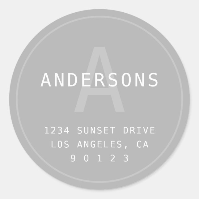 Modern Simple Monogram & Address | Light Grey Classic Round Sticker (Front)