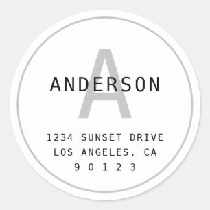 Modern Simple Monogram Address   White Black Grey Classic Round Sticker