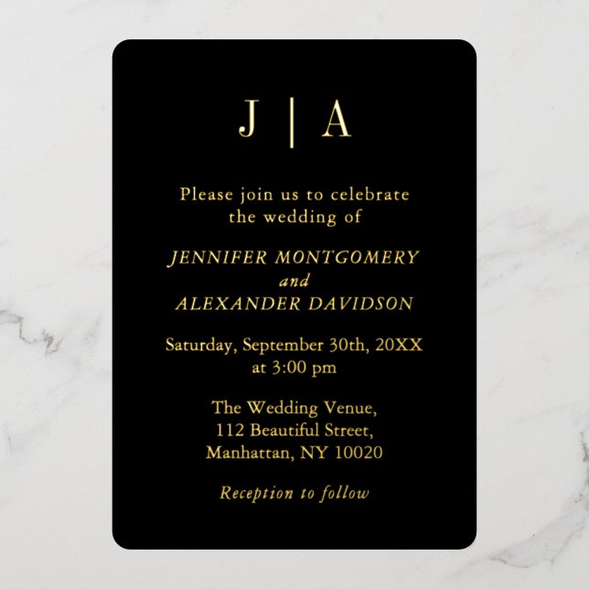 Modern Simple Monogram Black And Gold Wedding (Front)
