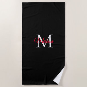 Modern simple monogram black red beach towel