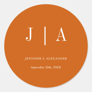 Modern Simple Monogram Burnt Orange White Wedding Classic Round Sticker