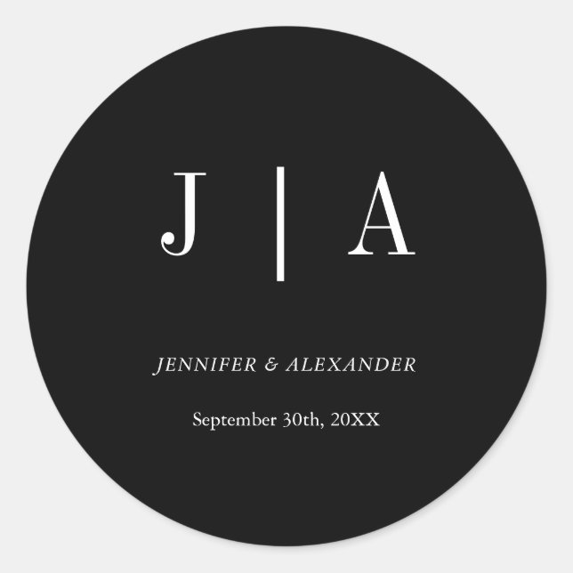 Modern Simple Monogram Couple Name Black And White Classic Round Sticker (Front)