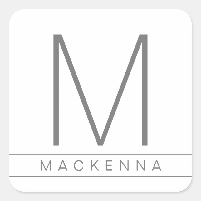 Modern Simple Monogram Name Grey White Stripe Square Sticker (Front)