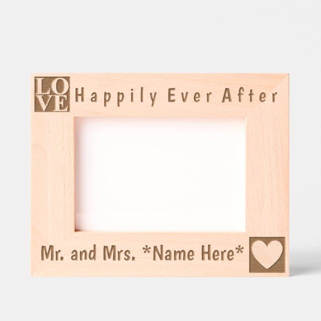 Modern, Simple Mr. and Mrs. Names, Love and Heart Etched Frames (Front)