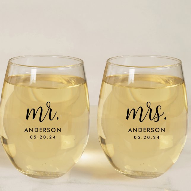 Modern Simple Mr. and Mrs. Newlywed Gift Stemless Wine Glass (Creator Uploaded)