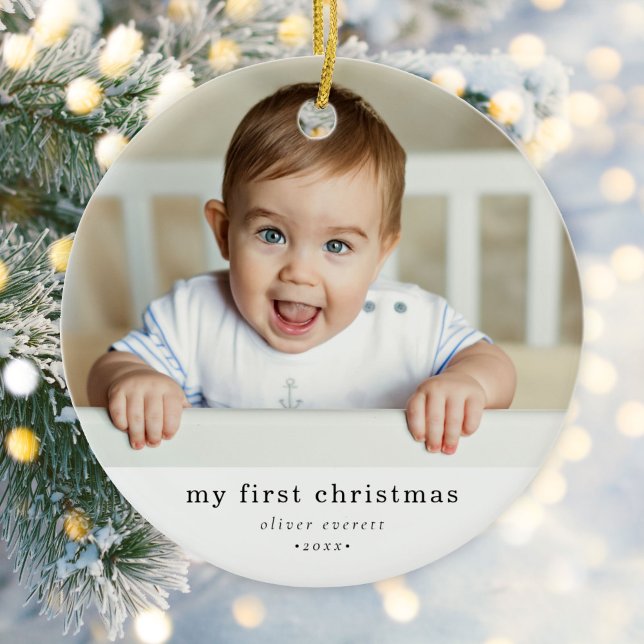 Modern Simple My First Christmas Baby Photo Ceramic Ornament (Creator Uploaded)