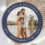 Modern Simple Navy Blue Custom Photo Wedding Round Paper Coaster<br><div class="desc">Add the finishing touch to your wedding with these fun custom photo coasters. Perfect as wedding favours to all your guests . Customize these wedding favours with your favourite wedding photo, newlywed photo, and personalize with name and date. See our wedding collection for matching wedding favours, newlywed gifts, and just...</div>
