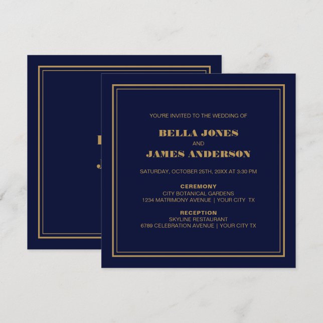 Modern Simple Navy Blue Gold Wedding Invitation (Front/Back)