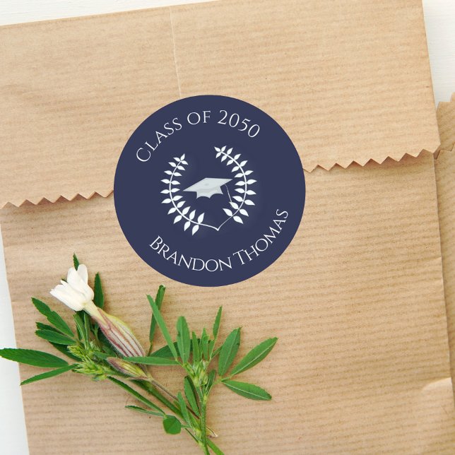 Modern Simple Navy Blue Graduation Classic Round Sticker (Creator Uploaded)