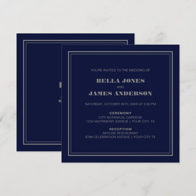 Modern Simple Navy Blue Grey Wedding Invitation (Front/Back)