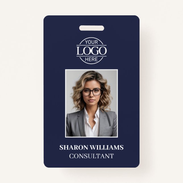 Modern Simple Navy Blue Minimalist Employee Photo Badge (Front)