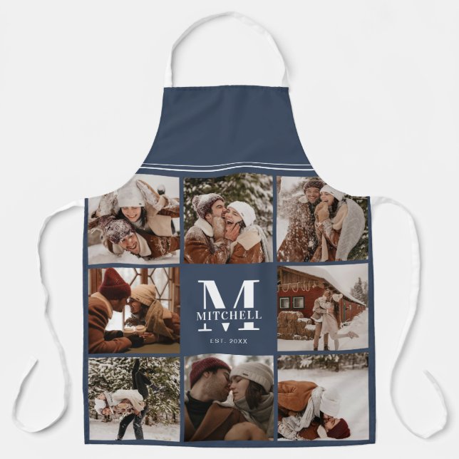 Modern Simple Navy Blue Photo Collage | Monogram Apron (Front)