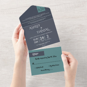 Modern Simple Navy Blue Teal Elegant Wedding All In One Invitation