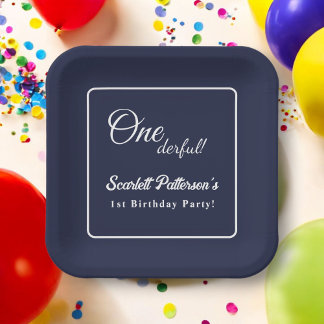 Modern Simple Navy Blue White Elegant 1st Birthday Paper Plate