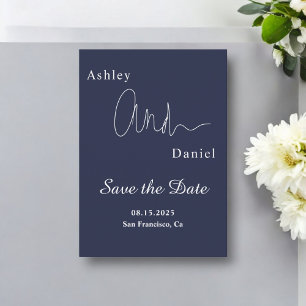 Modern Simple Navy Blue White Elegant Chic Wedding Save The Date