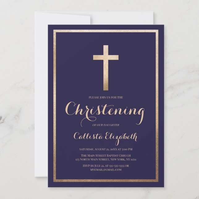 Modern Simple Navy Gold Cross Border Christening Invitation (Front)
