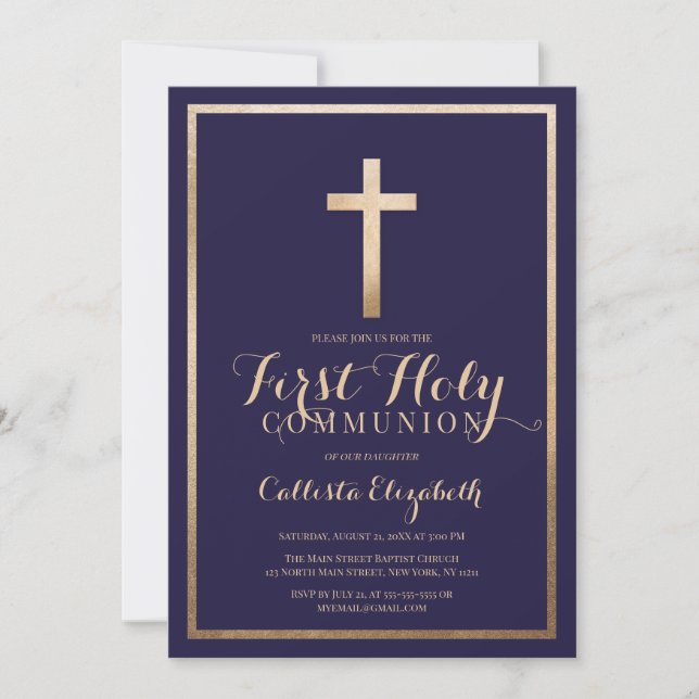 Modern Simple Navy Gold Cross Border Communion Invitation (Front)