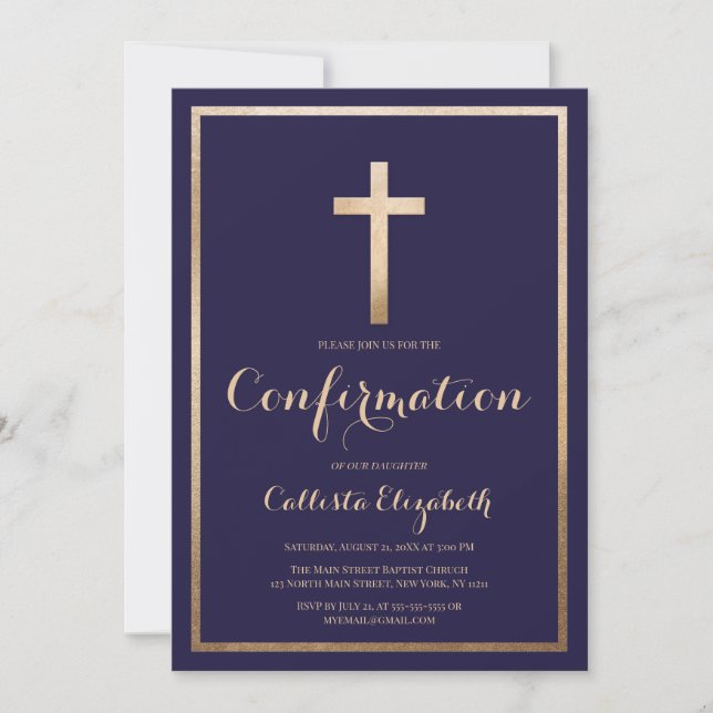 Modern Simple Navy Gold Cross Border Confirmation Invitation (Front)