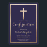 Modern Simple Navy Gold Cross Border Confirmation Invitation<br><div class="desc">This modern and elegant confirmation invitation is perfect for your child's special day. It features a faux printed gold foil cross and border on top of a simple navy blue background with ornate cursive typography. It's chic, pretty, minimalist, and regal. ***IMPORTANT DESIGN NOTE: For any custom design request such as...</div>