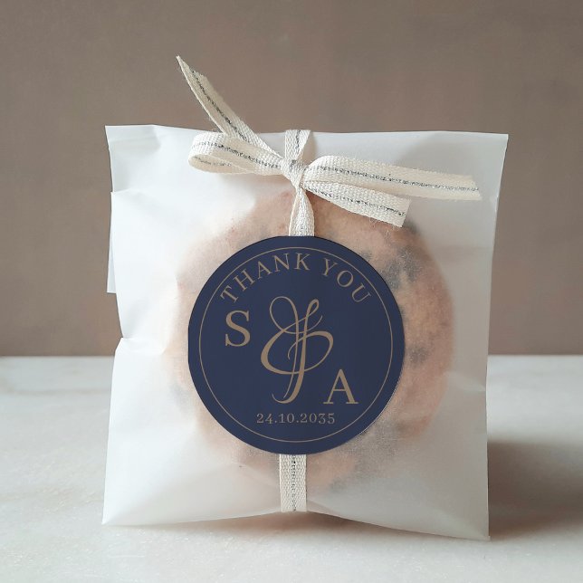 Modern Simple Navy & Gold Wedding Favour Classic Round Sticker (Creator Uploaded)