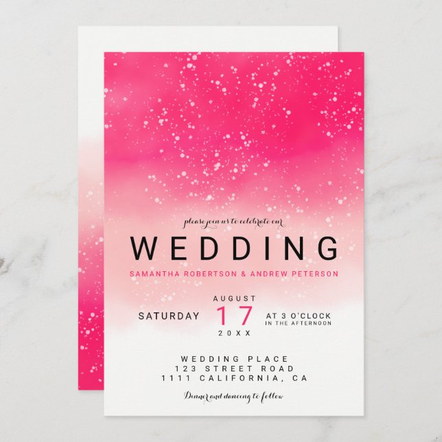 Modern simple neon pink ombre watercolor wedding invitation (Front/Back)