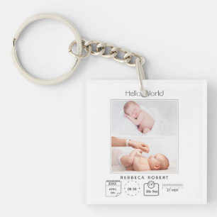 Modern Simple New Baby Personalized 2 Photo Keychain