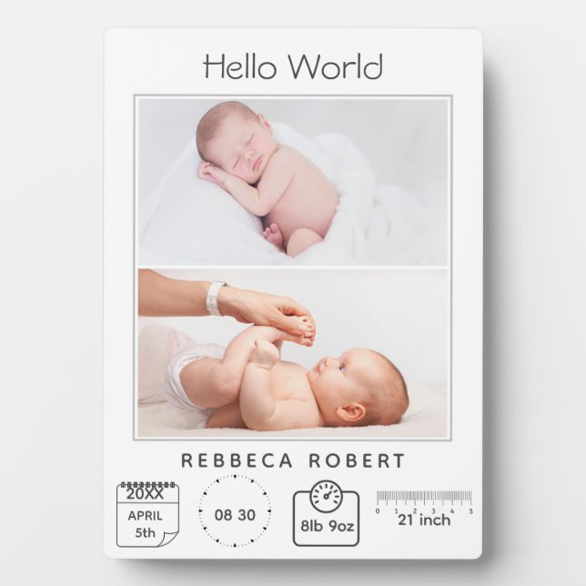 Modern Simple New Baby Personalized 2 Photo  Plaque (Front)