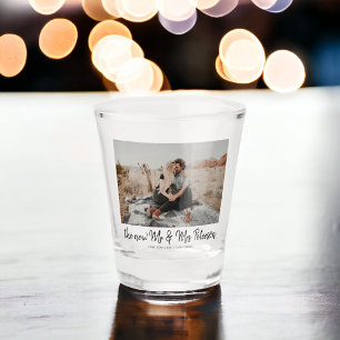 Modern simple new Mr and Mrs script wedding photo Shot Glass