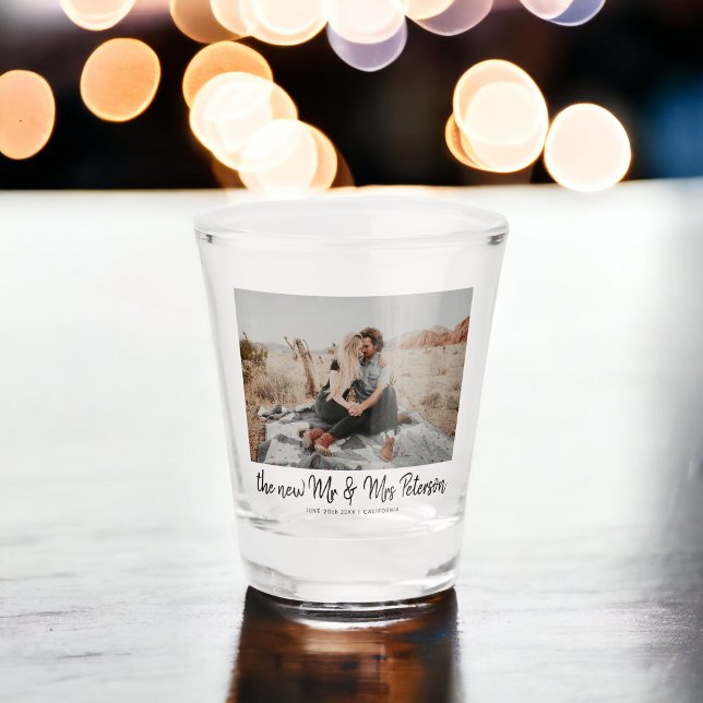 Modern simple new Mr and Mrs script wedding photo Shot Glass (Modern simple new Mr and Mrs script wedding photo Shot Glass)