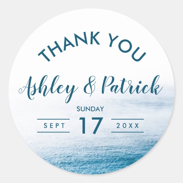 Modern Simple Ocean Seaside Wedding Thank You Classic Round Sticker (Front)