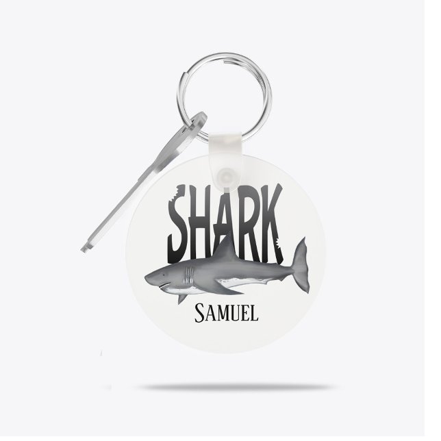 Modern Simple Ocean Shark Bite Typography  Keychain (Modern ocean shark bite typography keychain with fun coastal beach style design.)